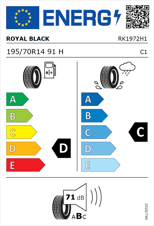 Tyre Label for Royal Black Royal Mile 195/70R14 91H