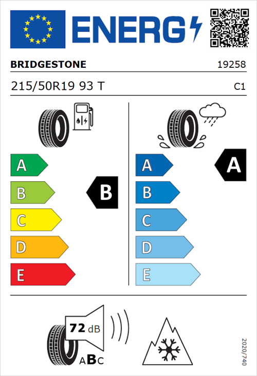 Tyre Label for Bridgestone Weather Control A005 215/50R19 93T