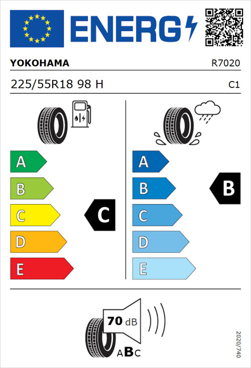 Tyre Label for Yokohama AVS dB E70C 225/55R18 98H