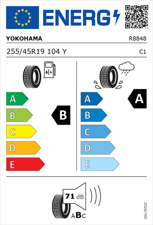 Tyre Label for Yokohama Advan Sport 255/45R19 104Y